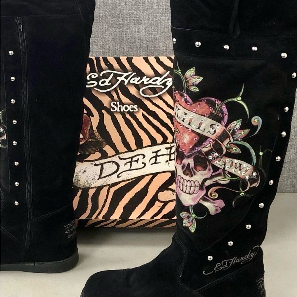 Ed Hardy NEW Black Suede Boots Love Kills 20” tall w/Fur Worn once BOX Size 8
